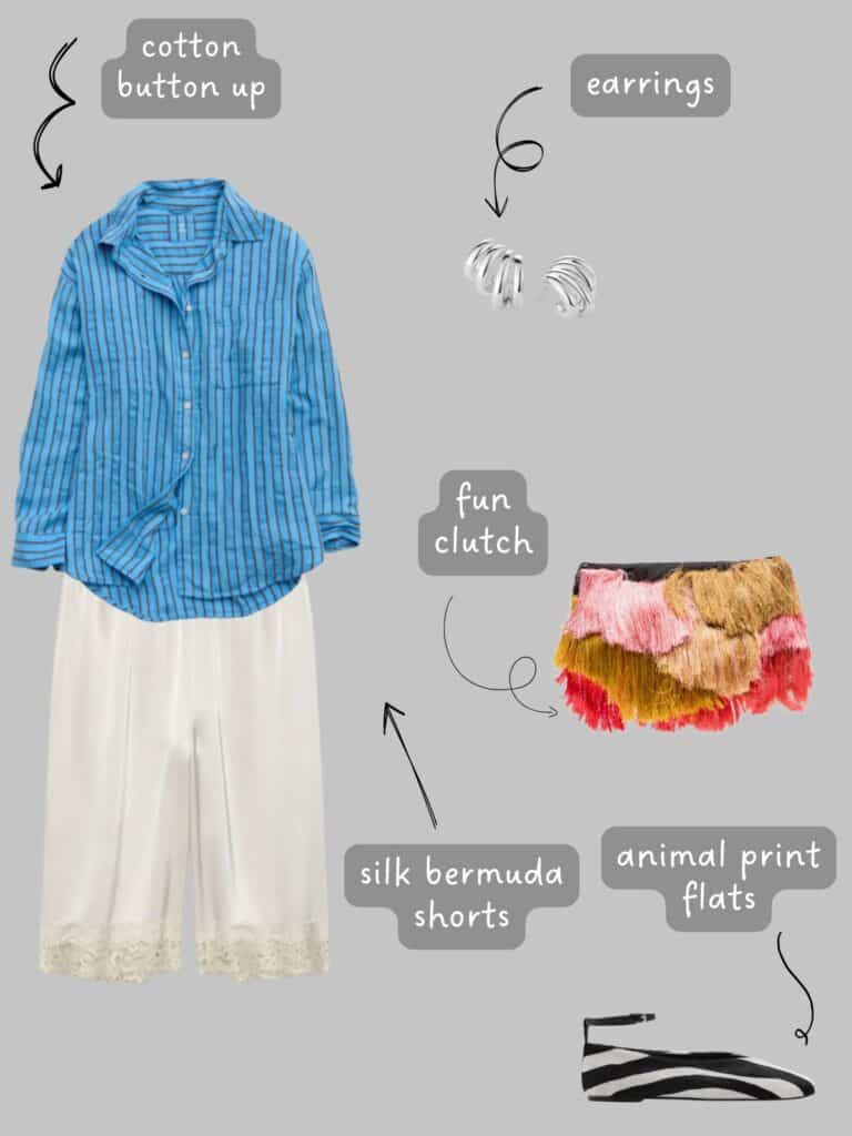 A photo of an outfit of a blue button up with stripes, taupe silk Bermuda shorts, silver multi hoop earrings, a multi coloured fringe clutch, and zebra print flats.
