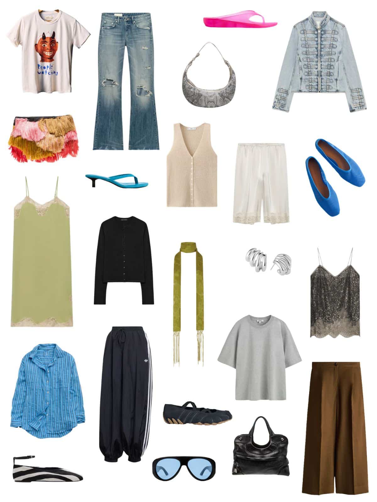 A white background with 12 pieces plus shoes and accessories for Messy Girl Summer A Manifesto for Dressing Like You Have Better Things to Think About.