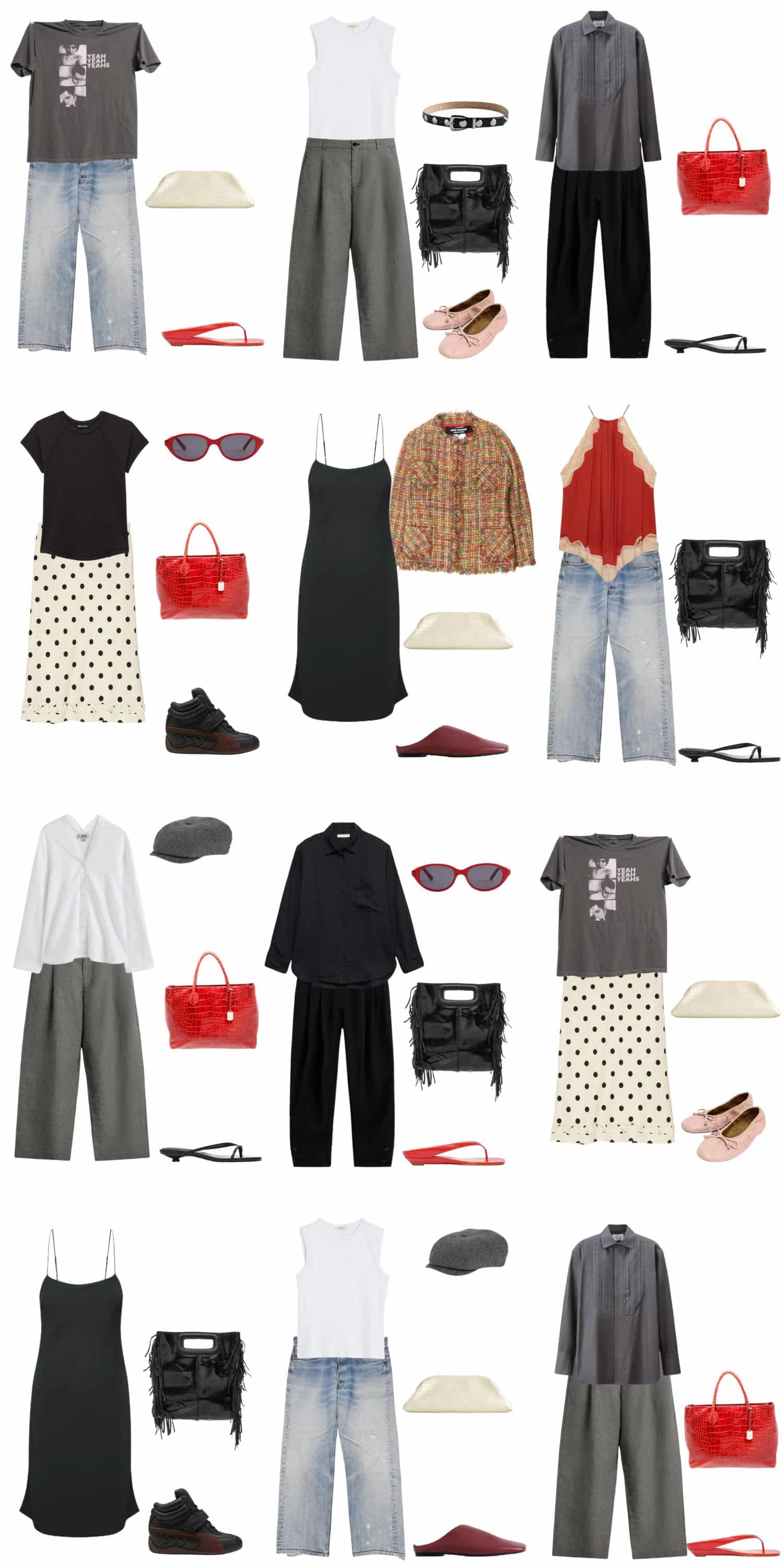 A white background with 12 outfits for The Rock Minimalist Summer Capsule for the Woman Who Refuses to Soften.