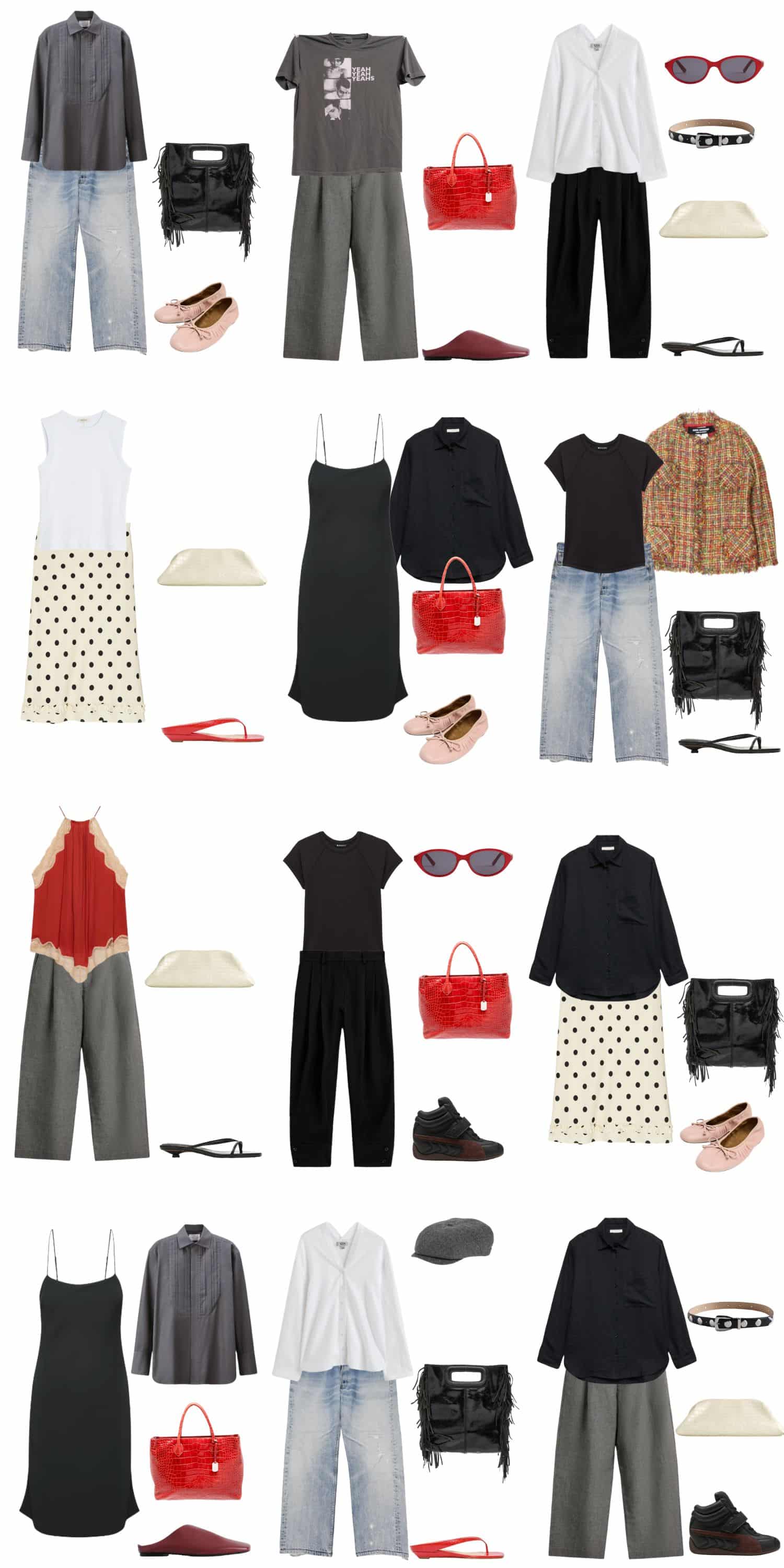 A white background with 12 outfits for The Rock Minimalist Summer Capsule for the Woman Who Refuses to Soften.