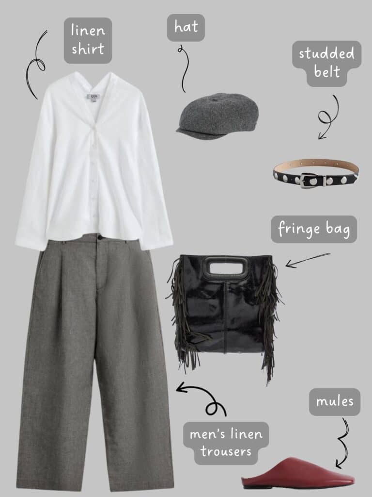 A photo of an outfit of a white linen long sleeve, with men's grey linen trousers, a studded belt, grey hat, burgundy mules, and a black fringe bag.