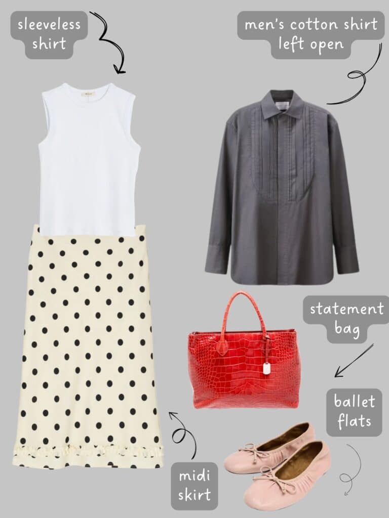 A photo of an outfit of a white sleeveless shirt with a polka dot midi skirt, a men's grey cotton tuxedo shirt, pink ballet flats, and a red tote.