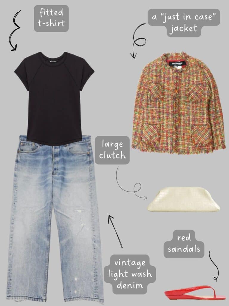A photo of an outfit of a black tee and vintage Levi's with a tweed jacket, large cream clutch, and red sandals.