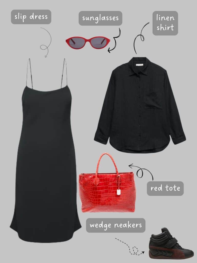 A photo of an outfit of a black slip dress with a black linen shirt, red sunglasses, black Puma Wedge sneakers, and a red tote.
