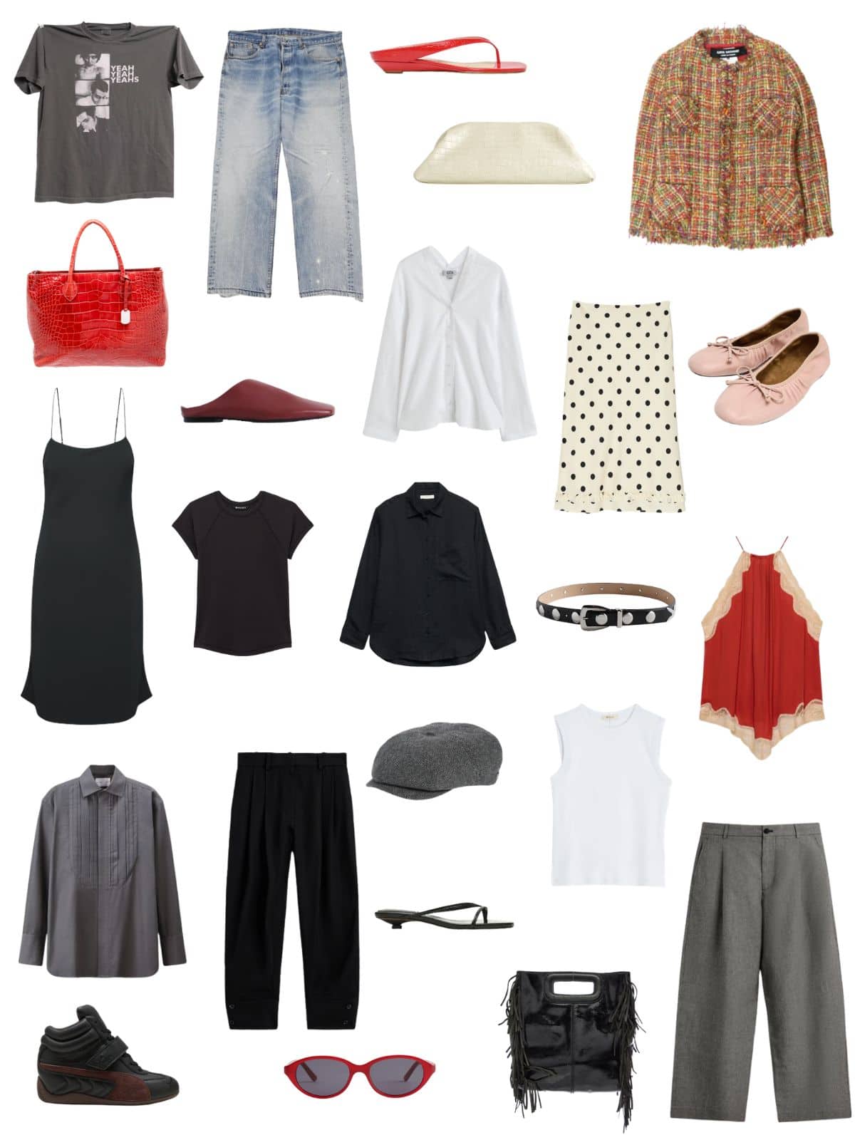 A white background with 12 pieces plus shoes and accessories for The Rock Minimalist Summer Capsule for the Woman Who Refuses to Soften.