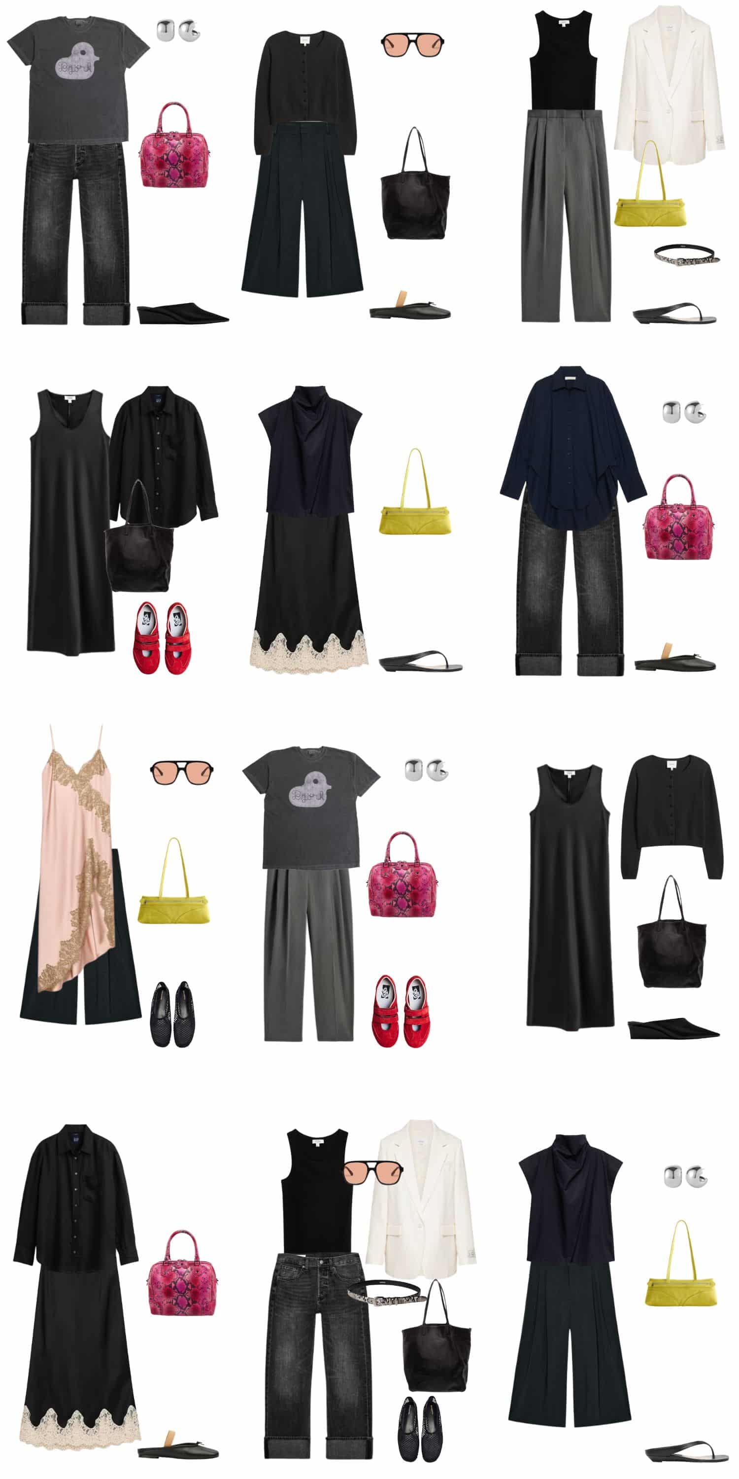 A white background with 12 outfits for The Summer Capsule for People Who Wear Black.