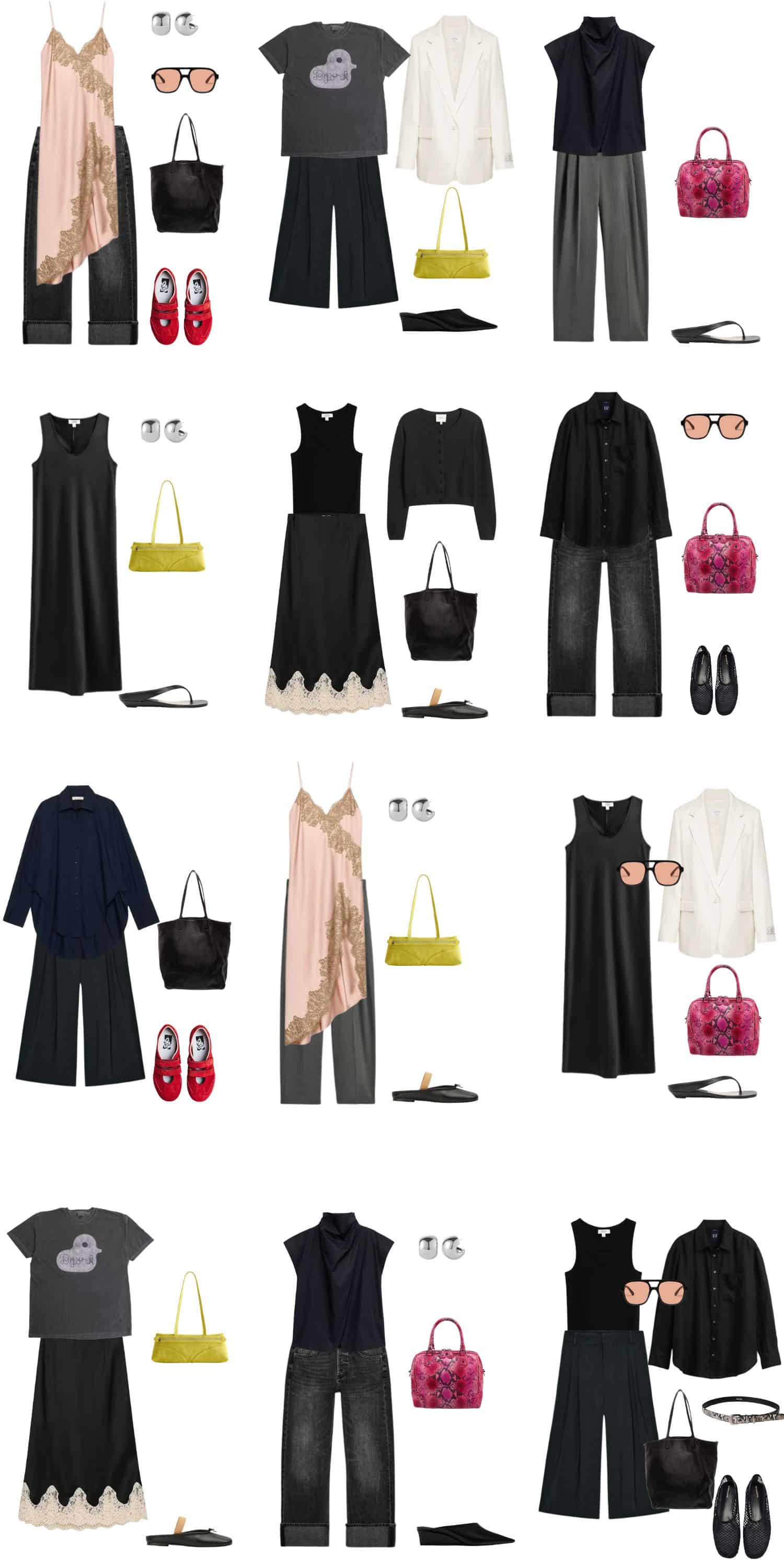 A white background with 12 outfits for The Summer Capsule for People Who Wear Black.