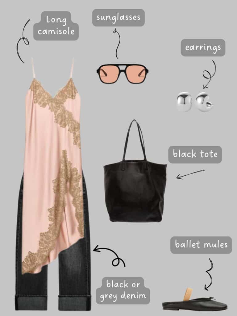 A photo of an outfit of a light pink long camisole top with a high front slit, over a pair of black jeans, pink lens sunglasses, silver earrings, ballet mules, and a large black leather tote.
