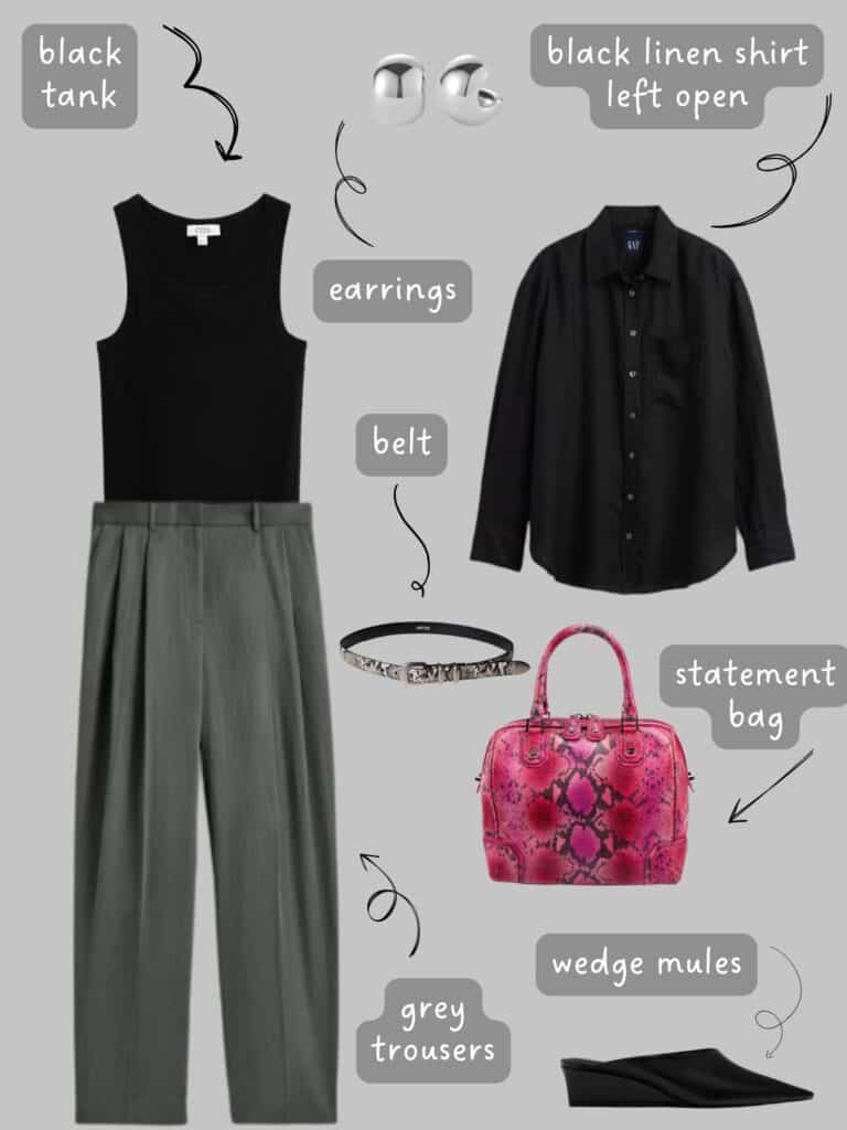 A photo of an outfit of a black tank top with a black linen shirt, grey trousers, a snake print belt, a pink snake print bag, silver earrings, and black wedge mules.