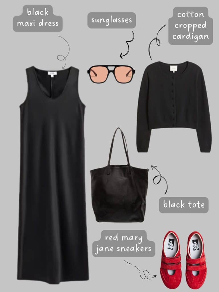 A photo of an outfit of a black maxi dress with a black cropped cardigan, pink lens sunglasses, red mary jane sneakers, and a large black tote.