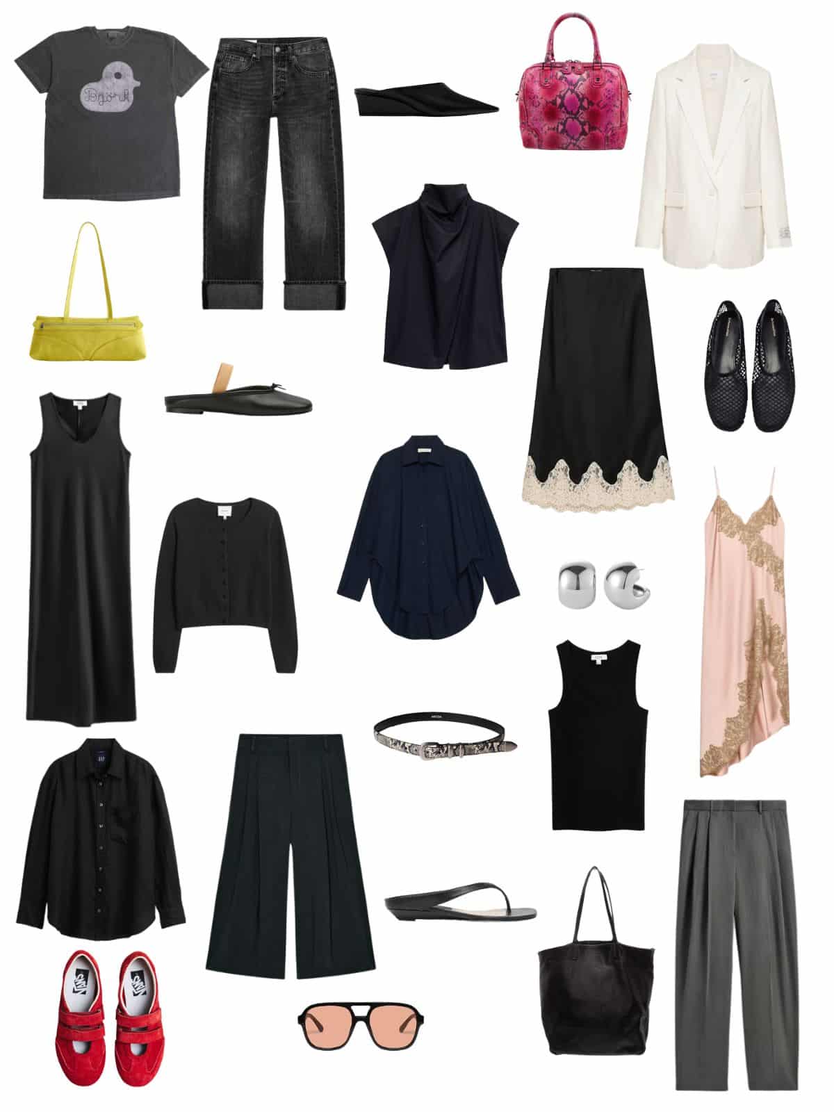 A white background with 12 pieces plus shoes and accessories for The Summer Capsule for People Who Wear Black.