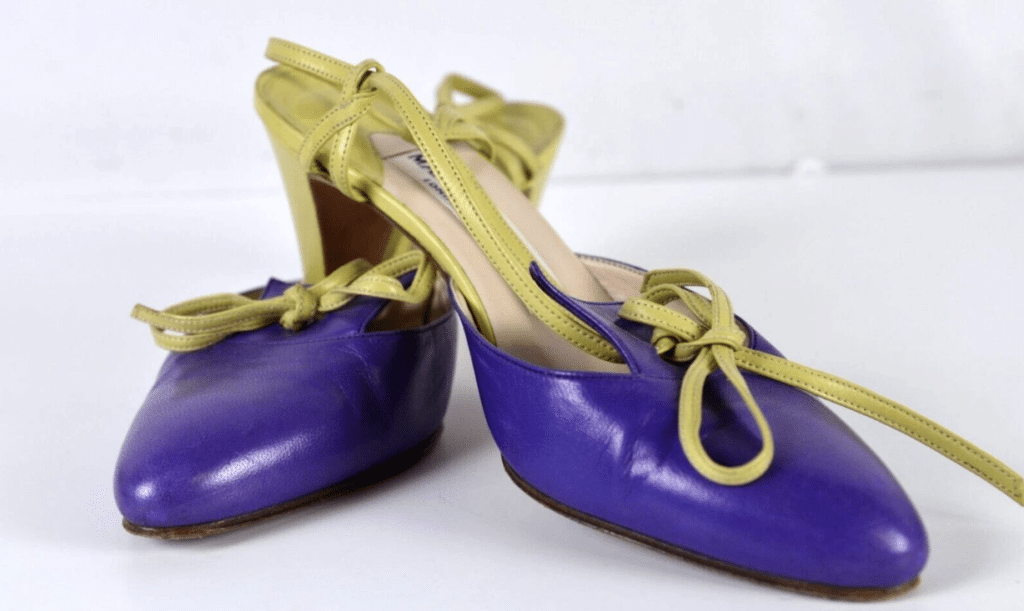 Manolo Blahnik purple and green strappy heels