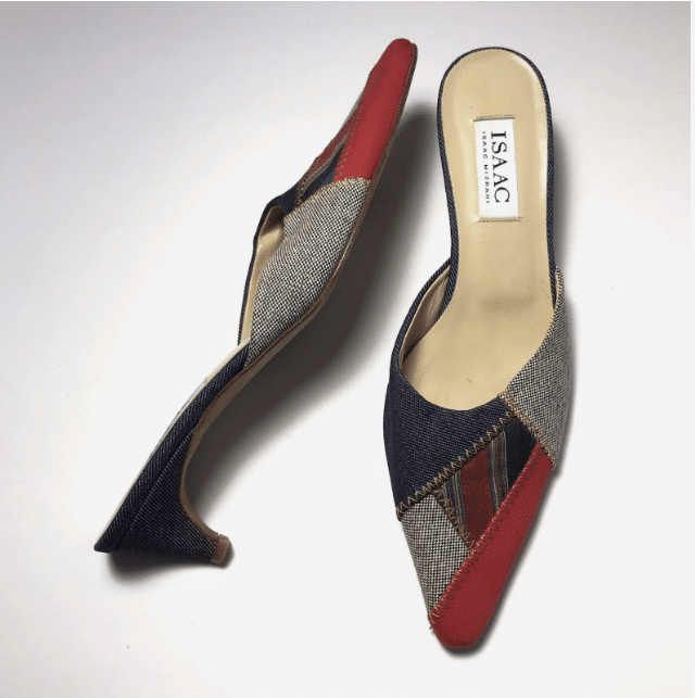 Vintage Isaac Mizrahi Y2K Denim Patchwork Stripe Kitten heels