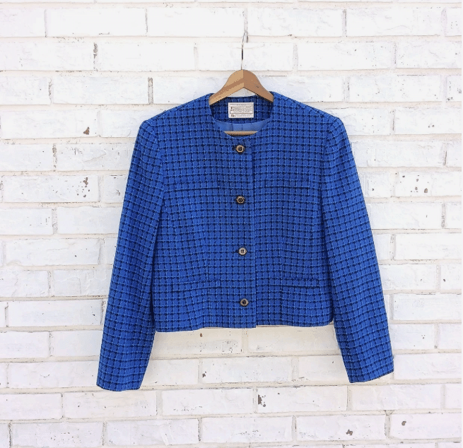 Vintage Pendleton Petites Blazer Crop Plaid Tweed Blue