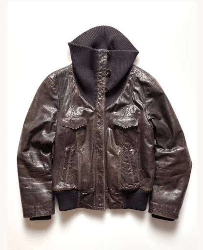 Escada brown leather funnel neck bomber jacket