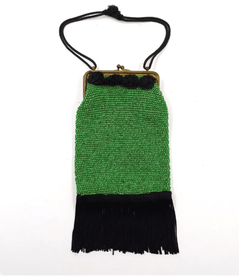 vintage 1930s green beaded bag with black fringe