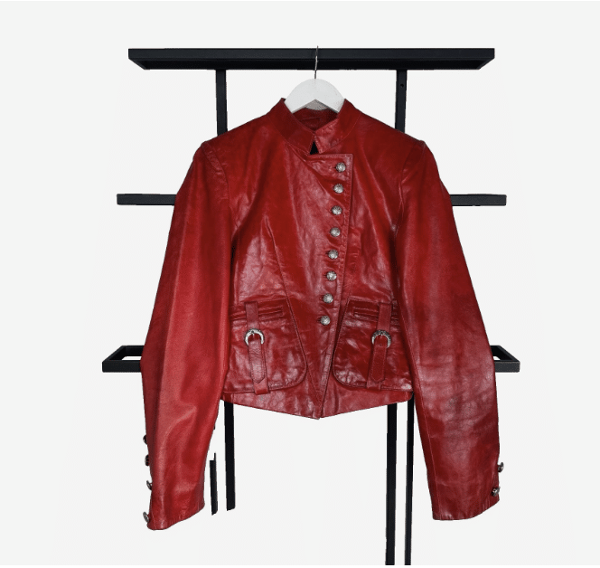 red asymmetric button leather jacket