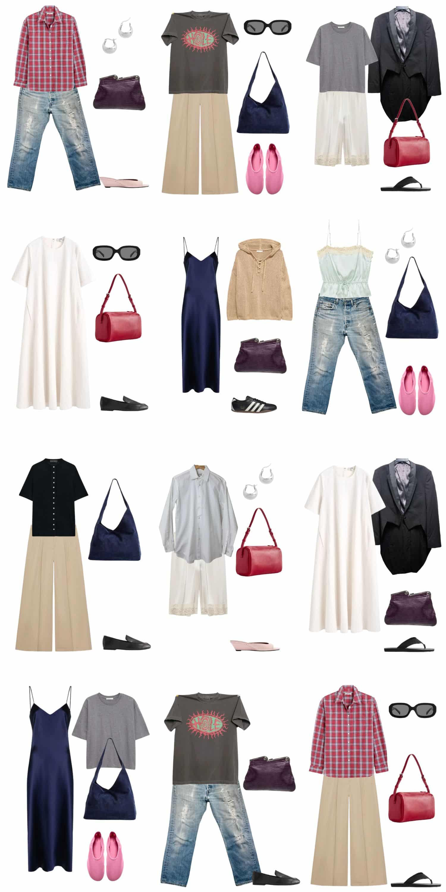 A white background with 12 outfits for The Refined Dirtbag Summer Capsule Wardrobe.