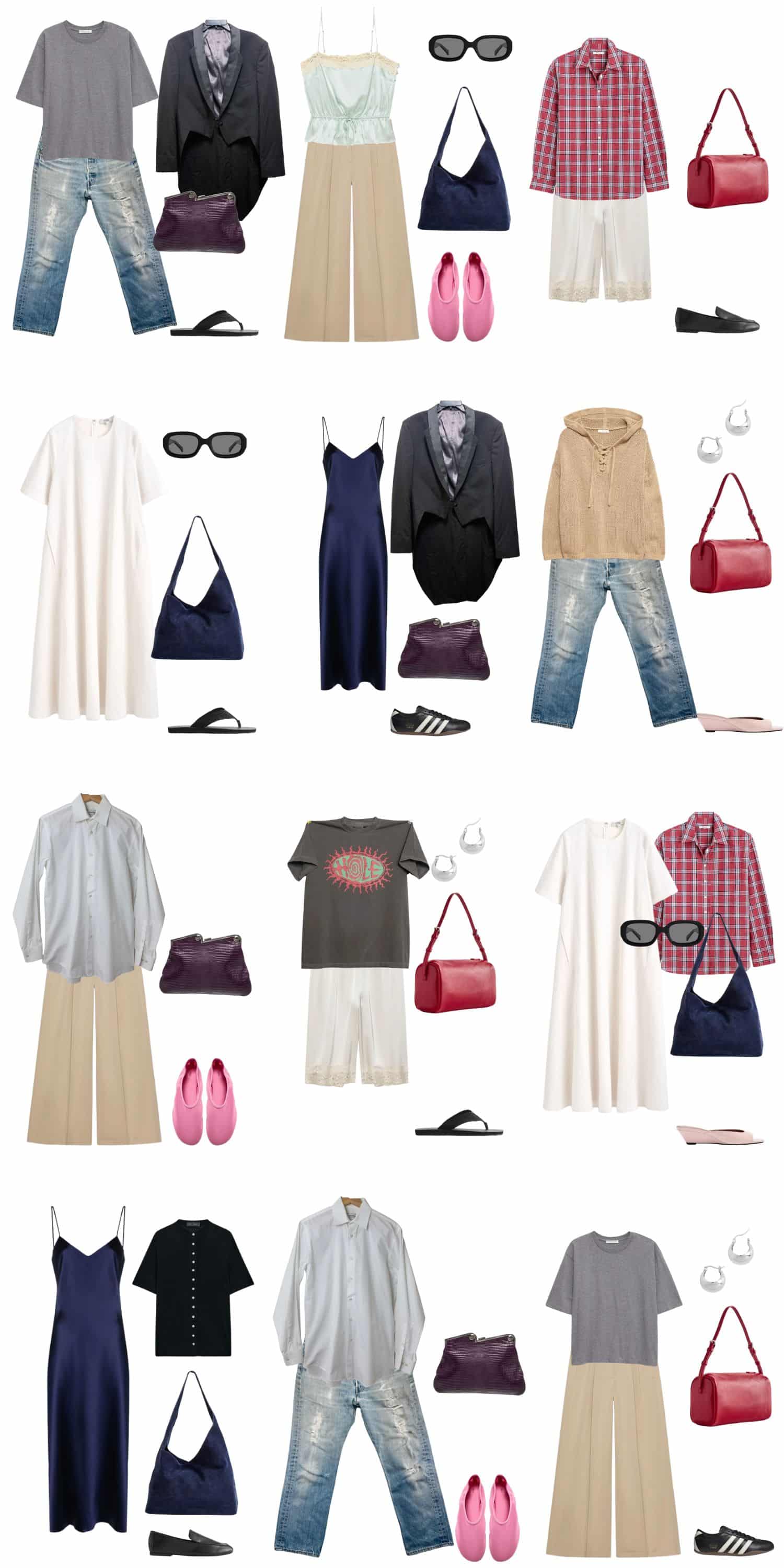 A white background with 12 outfits for The Refined Dirtbag Summer Capsule Wardrobe.