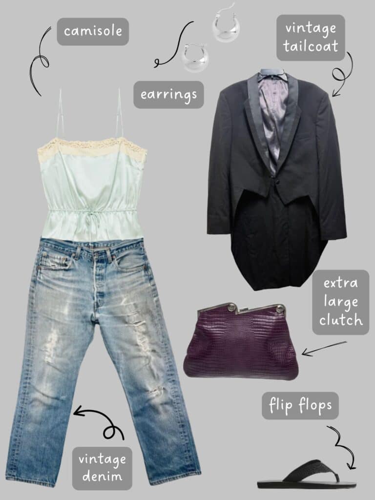 A photo of an outfit of a light green satin camisole with vintage levis, a vintage tailcoat, silver hoop earrings, black flip flops, and a vintage tailcoat.