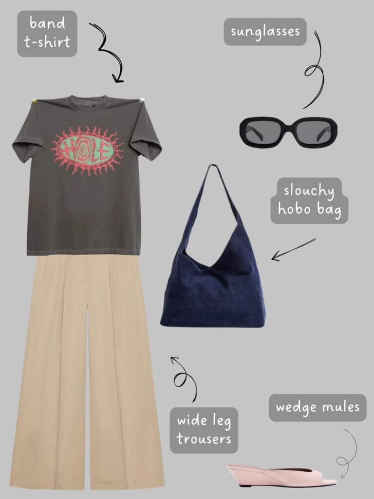 A photo of an outfit of a vintage Hole band tee with tan cotton wide leg trousers, a navy blue suede hobo bag, black sunglasses, and light pink wedge mules.