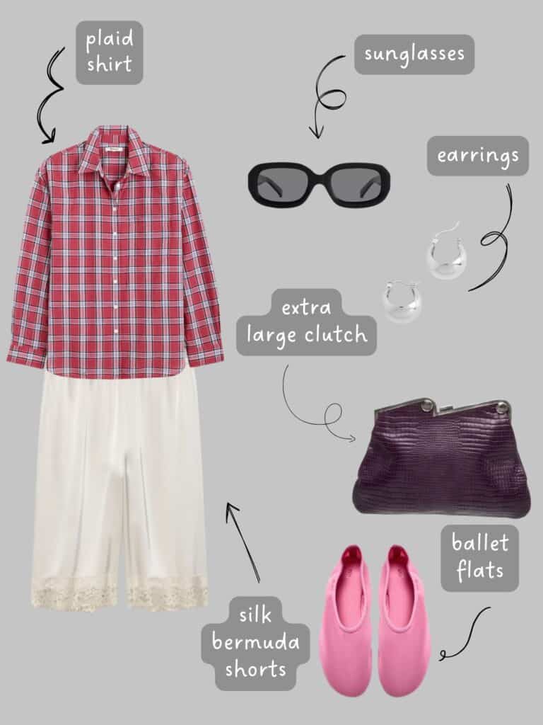 A photo of an outfit of a red plaid shirt with cream silk Bermuda shorts, pink flats, black sunglasses, silver hoop earrings, and a large purple clutch.