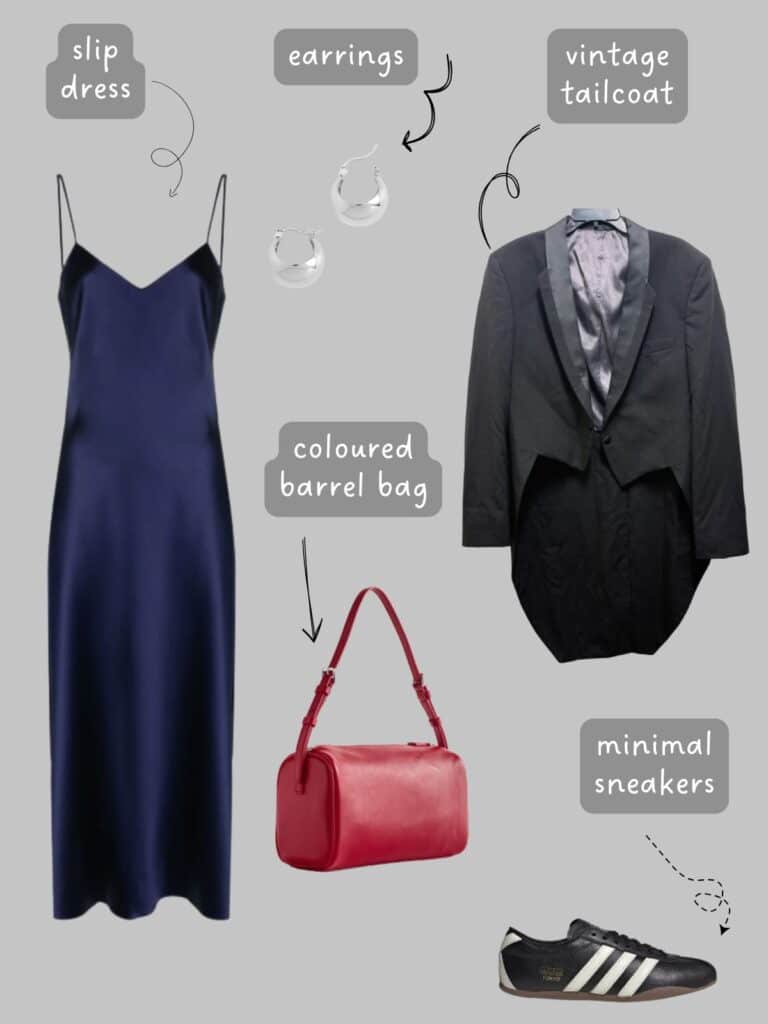 A photo of an outfit of a navy blue slip dress, a vintage tailcoat, silver hoop earrings, a red barrel bag, and black Adidas sneakers.