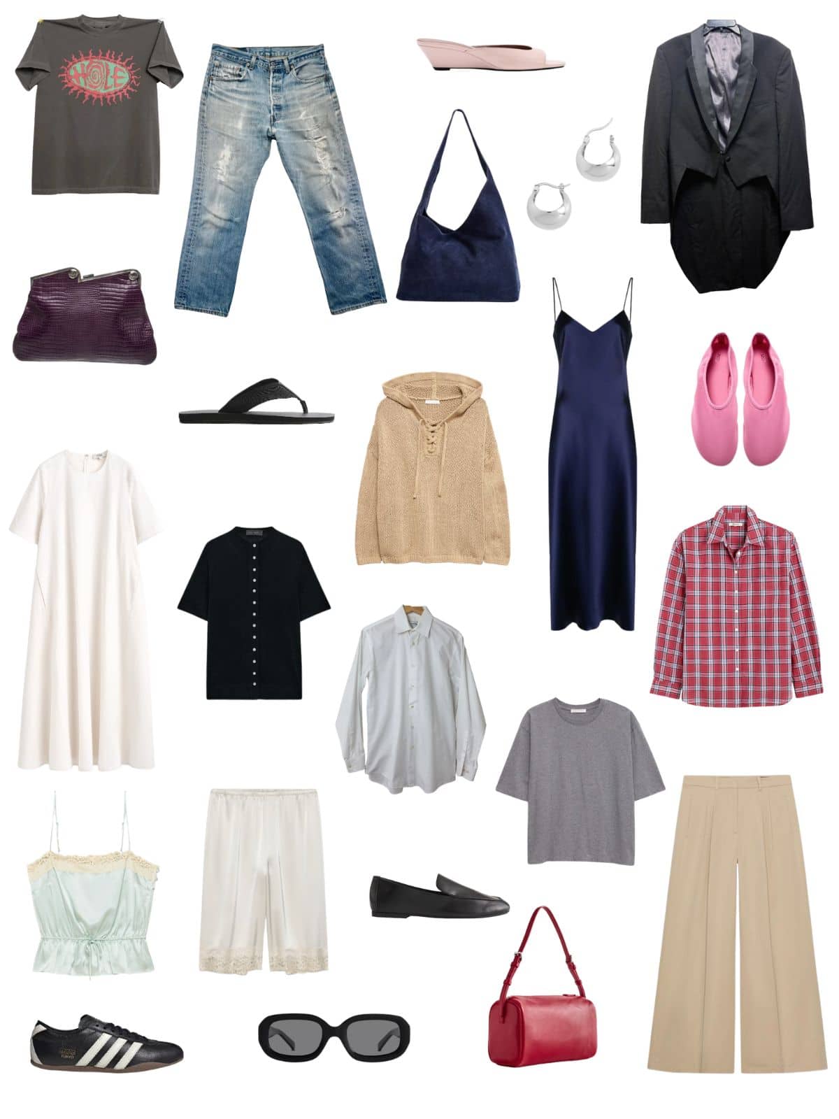 A white background with 12 pieces plus shoes and accessories for The Refined Dirtbag Summer Capsule Wardrobe.