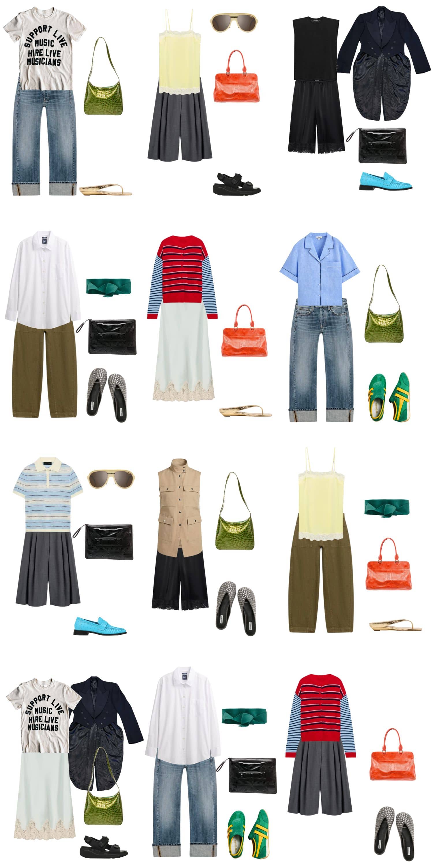 A white background with 12 outfits for The Almost Ugly Summer Capsule Wardrobe.