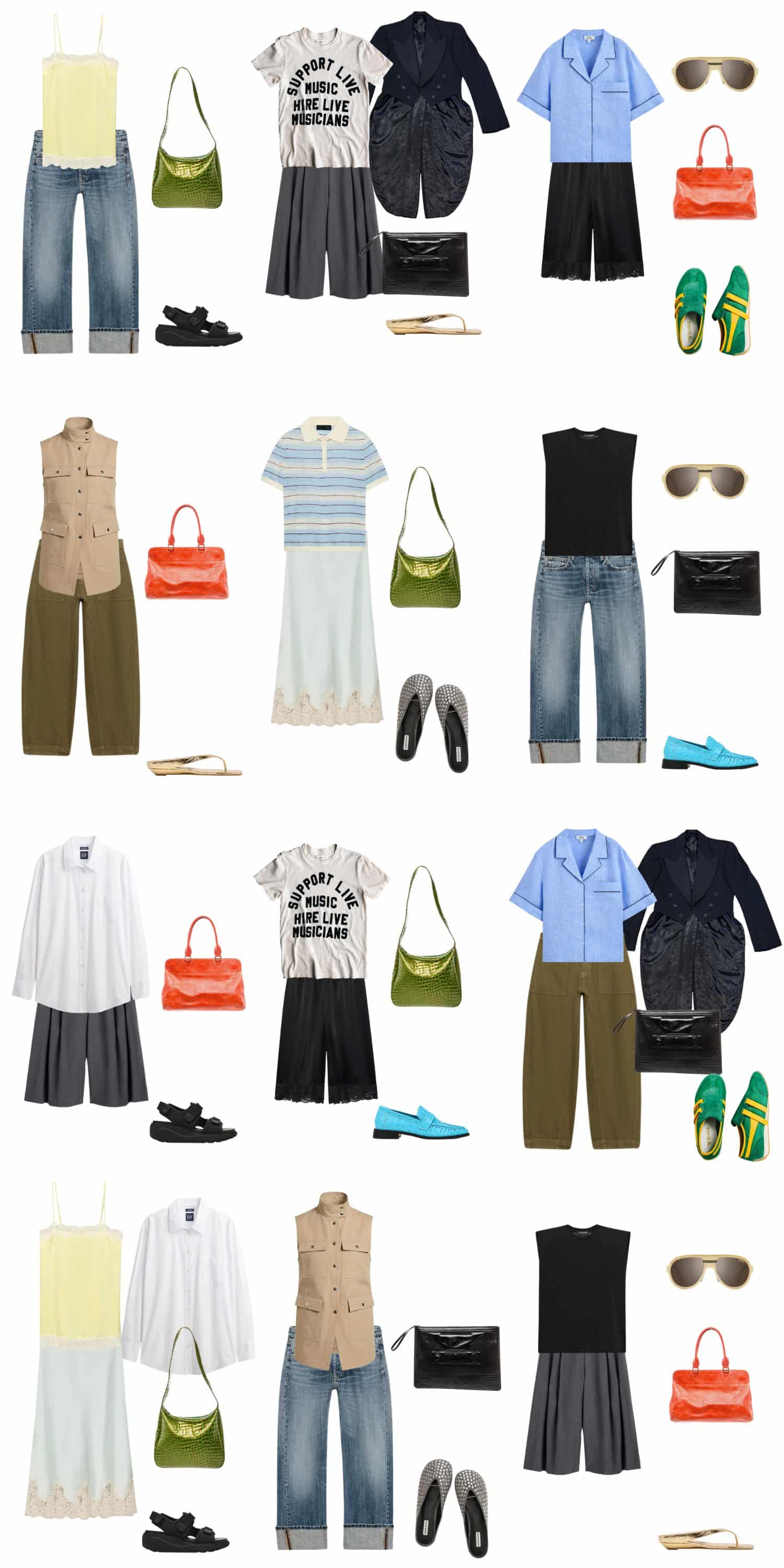 A white background with 12 outfits for The Almost Ugly Summer Capsule Wardrobe.