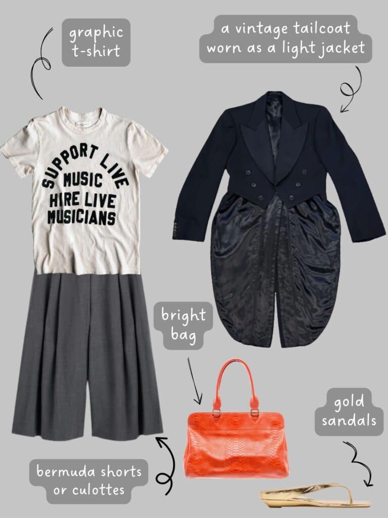 A photo of an outfit of a "support Live Music" graphic tee, under a vintage tailcoat, grey culottes, gold wedge thong sandals, and an orange bag.