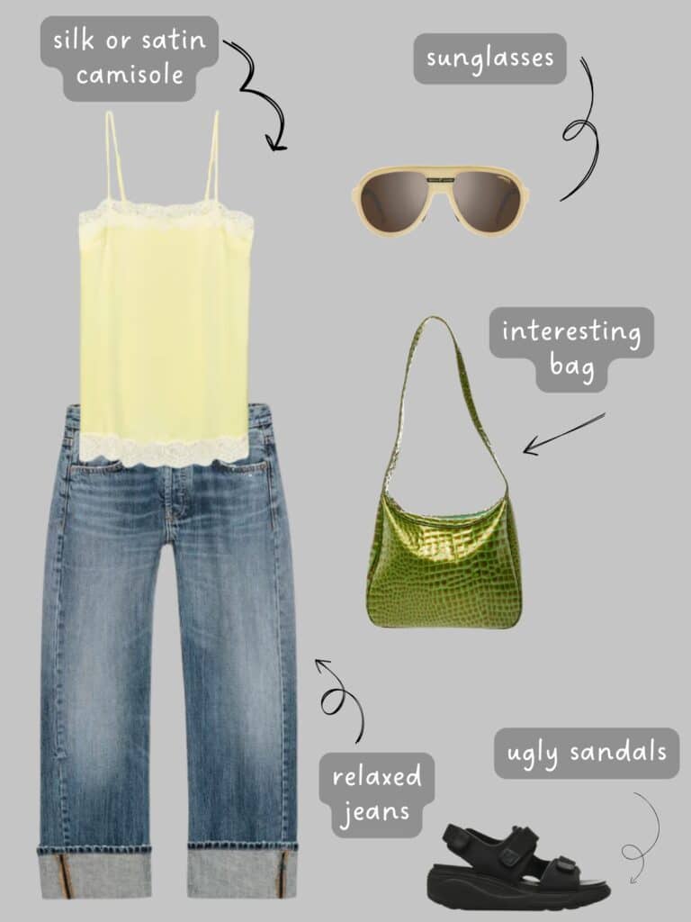 A photo of an outfit of a yellow camisole with relaxed jeans, cream shield sunglasses, a green snake print bag, and black, chunky, ugly sandals.