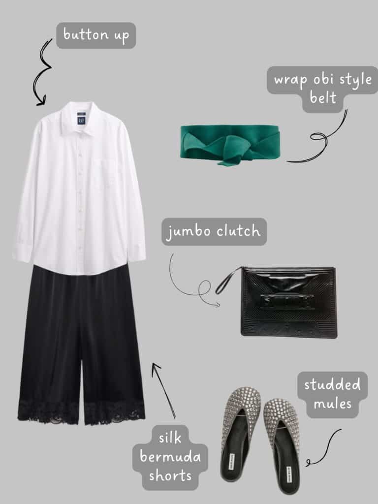 A photo of an outfit of a white button up with a turquoise obi belt, black silk Bermudas, studded mules, and a jumbo black clutch.