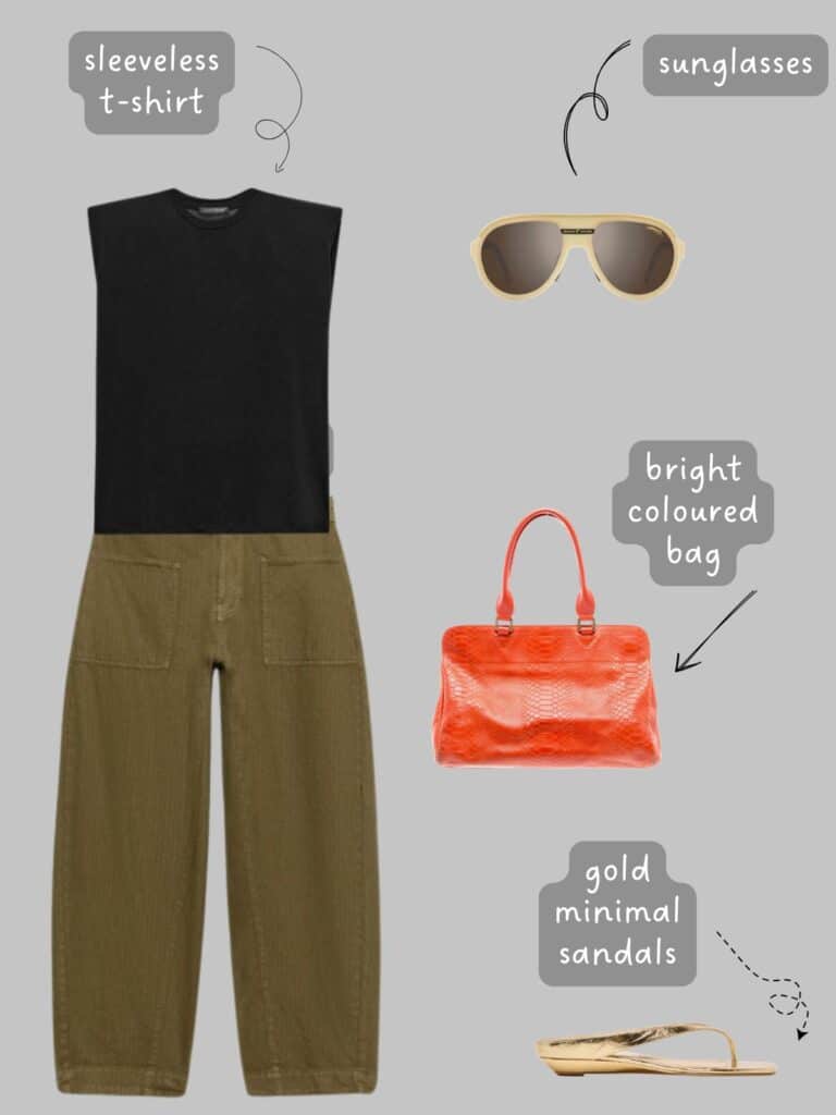A photo of an outfit of a black sleeveless t-shirt, green cargo pants, cream shield sunglasses, gold, wedge thong sandals, and an orange bag.
