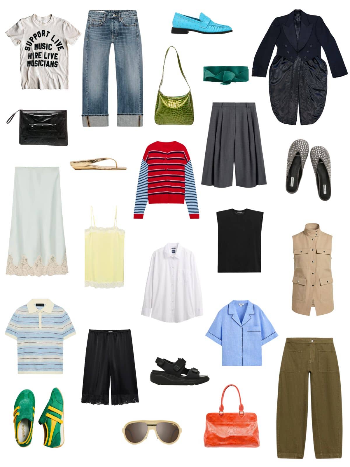 A white background with 12 pieces plus shoes and accessories for The Almost Ugly Summer Capsule Wardrobe.