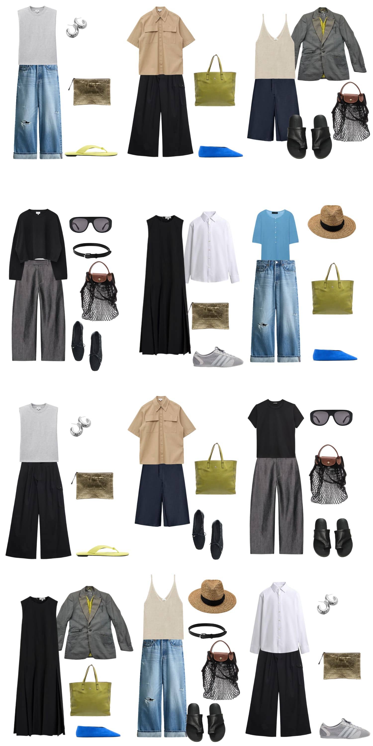 A white background with 12 outfits for The Soft Rebellion Summer Capsule Wardrobe.