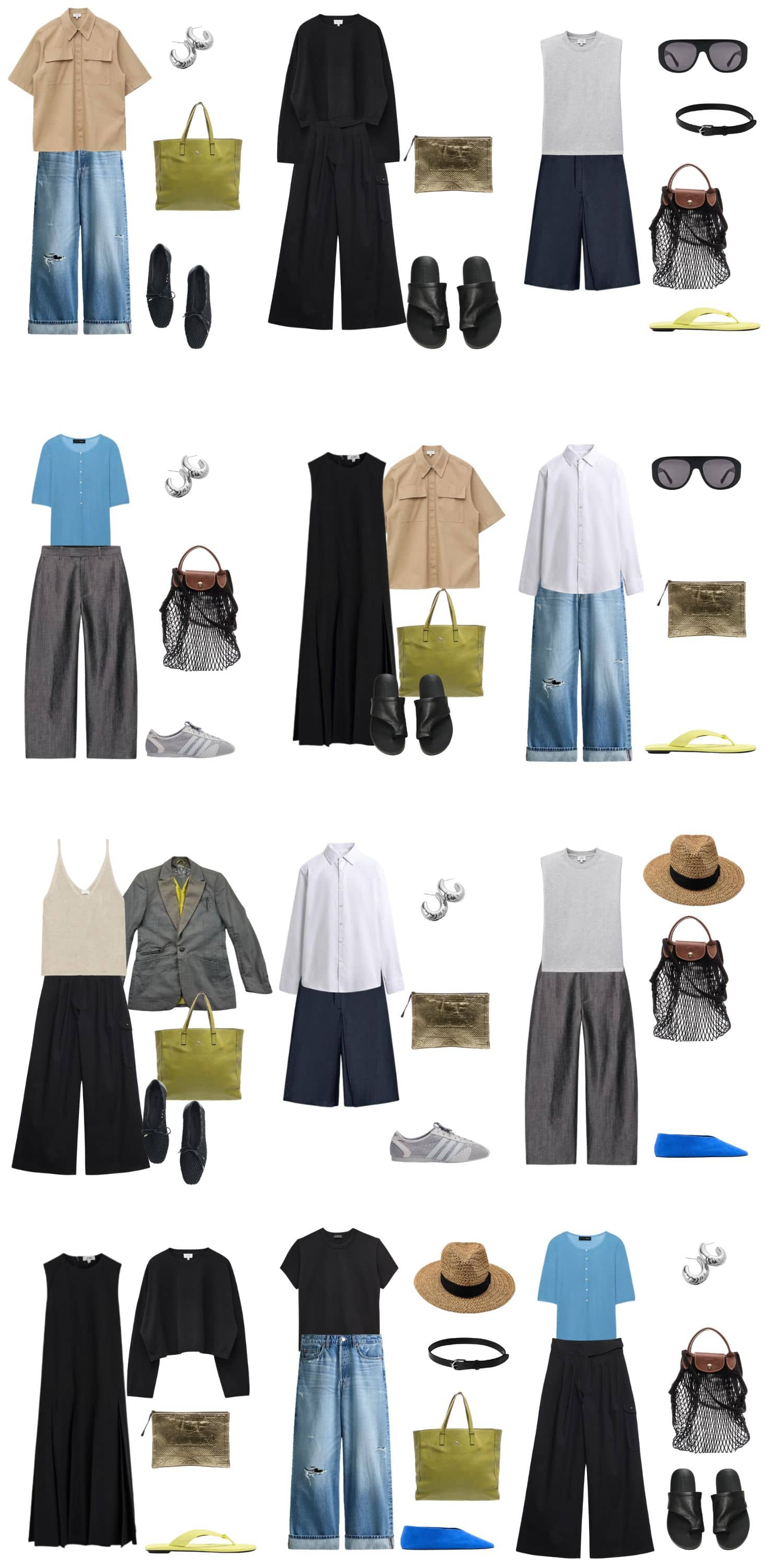 A white background with 12 outfits for The Soft Rebellion Summer Capsule Wardrobe.