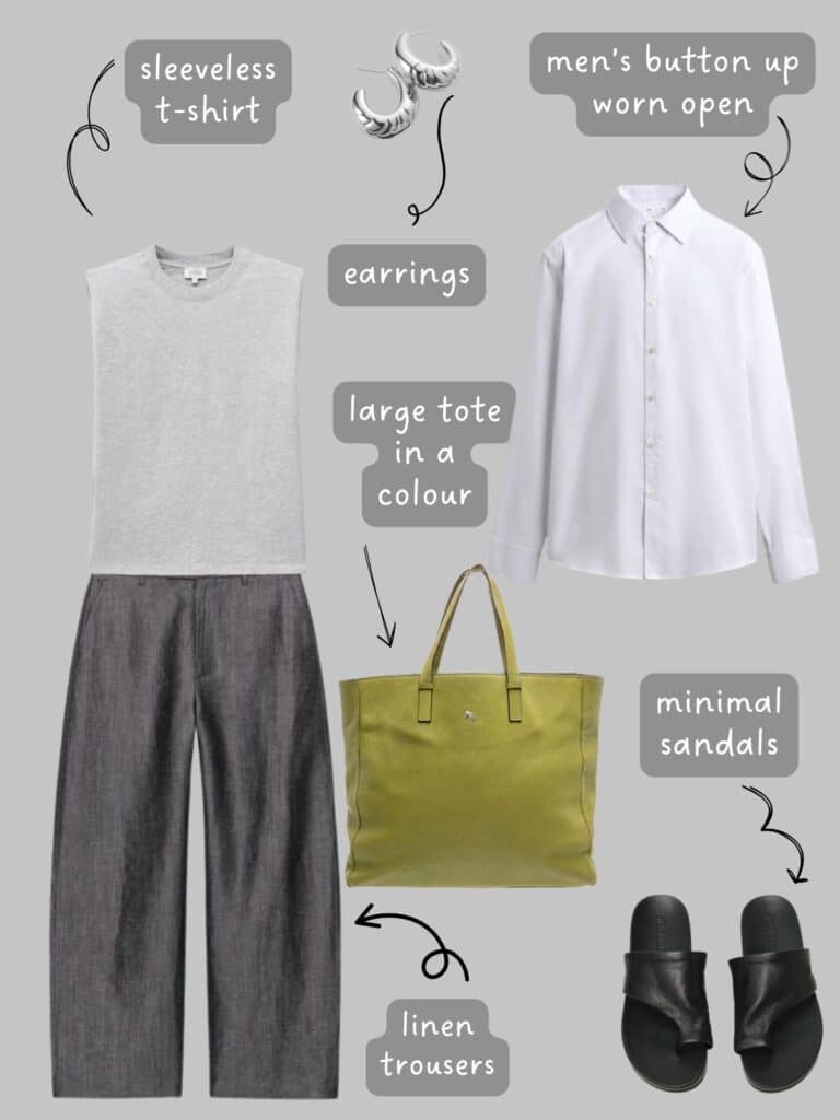 A photo of an outfit of a grey sleeveless t-shirt, with a men's white button up, grey linen trousers, silver hoop earrings, an olive green tote, and black leather sandals.