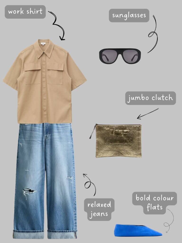 A photo of an outfit of a khaki work style button up shirt, blue, relaxed jeans with a cuff, cobalt blue flats, a large gold clutch, and black sunglasses.