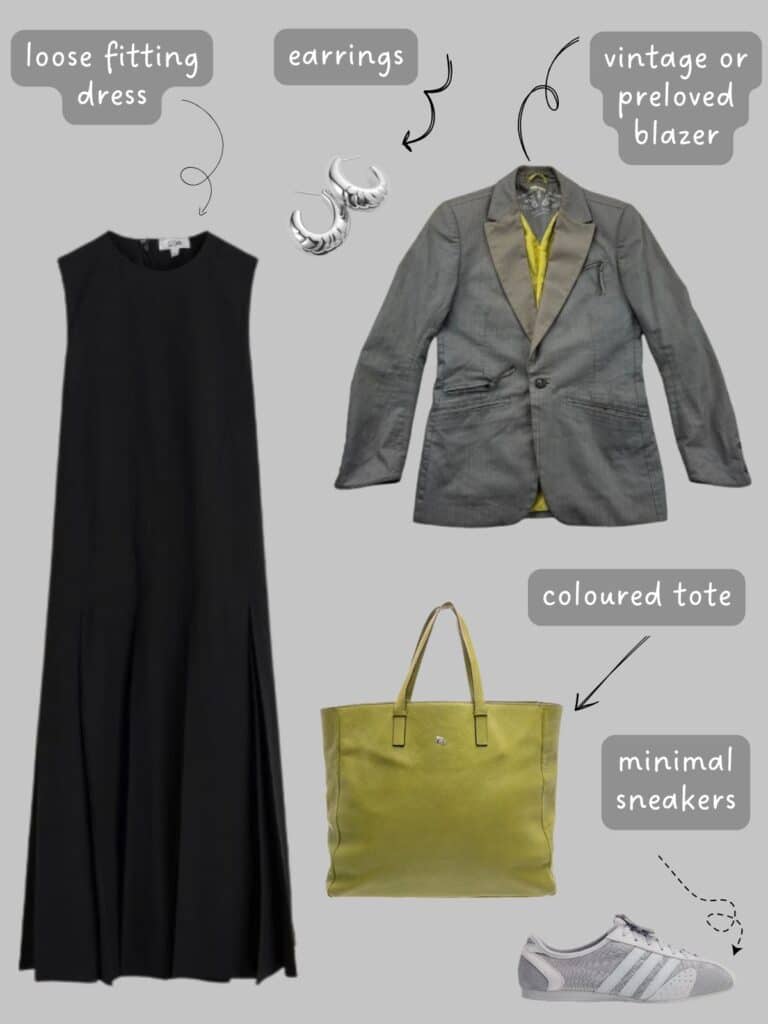 A photo of an outfit of a loose, black maxi dress, grey blazer, green tote, silver hoop earrings, and grey adidas sneakers.