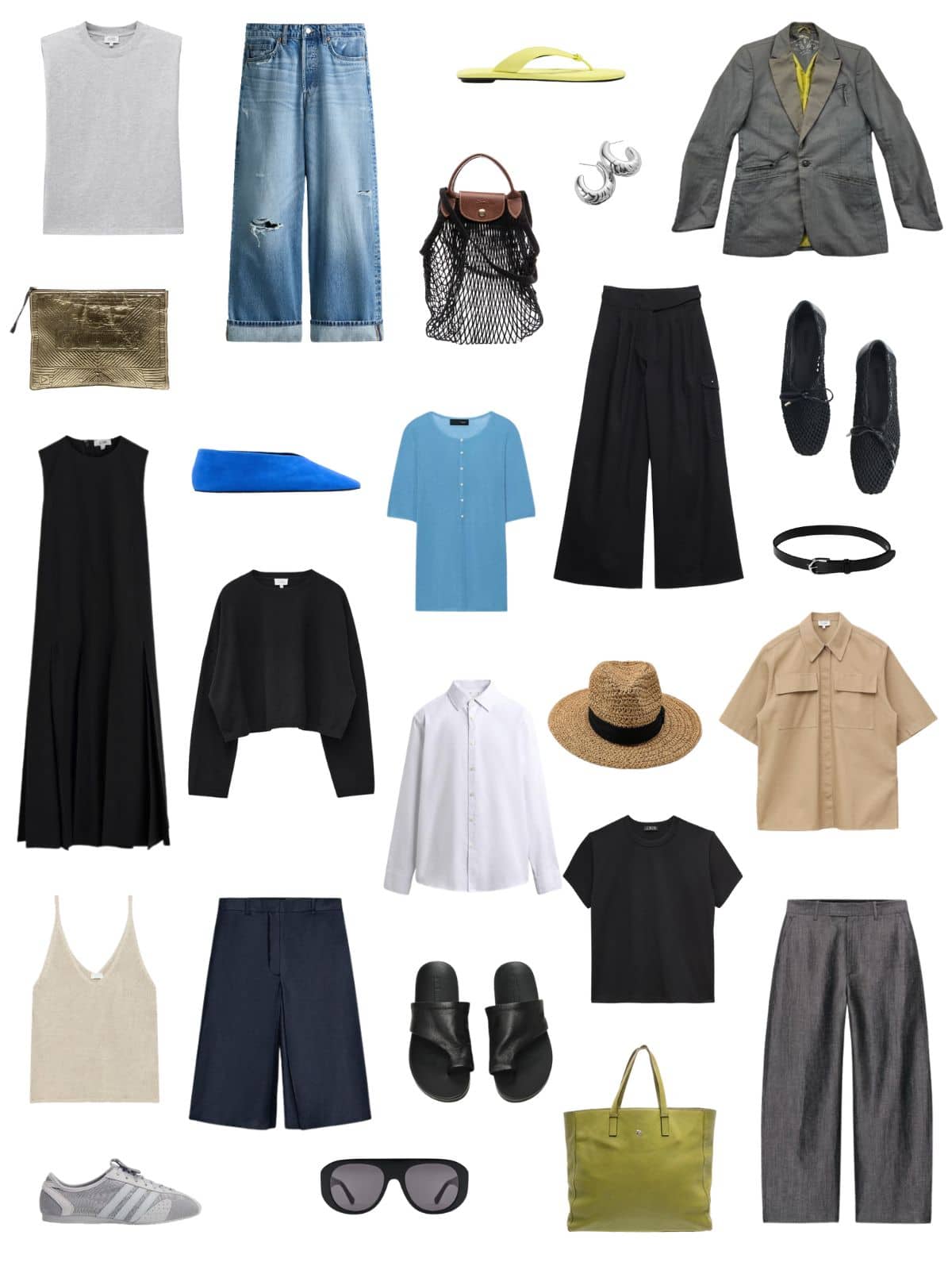 A white background with 12 pieces plus shoes and accessories for The Soft Rebellion Summer Capsule Wardrobe.