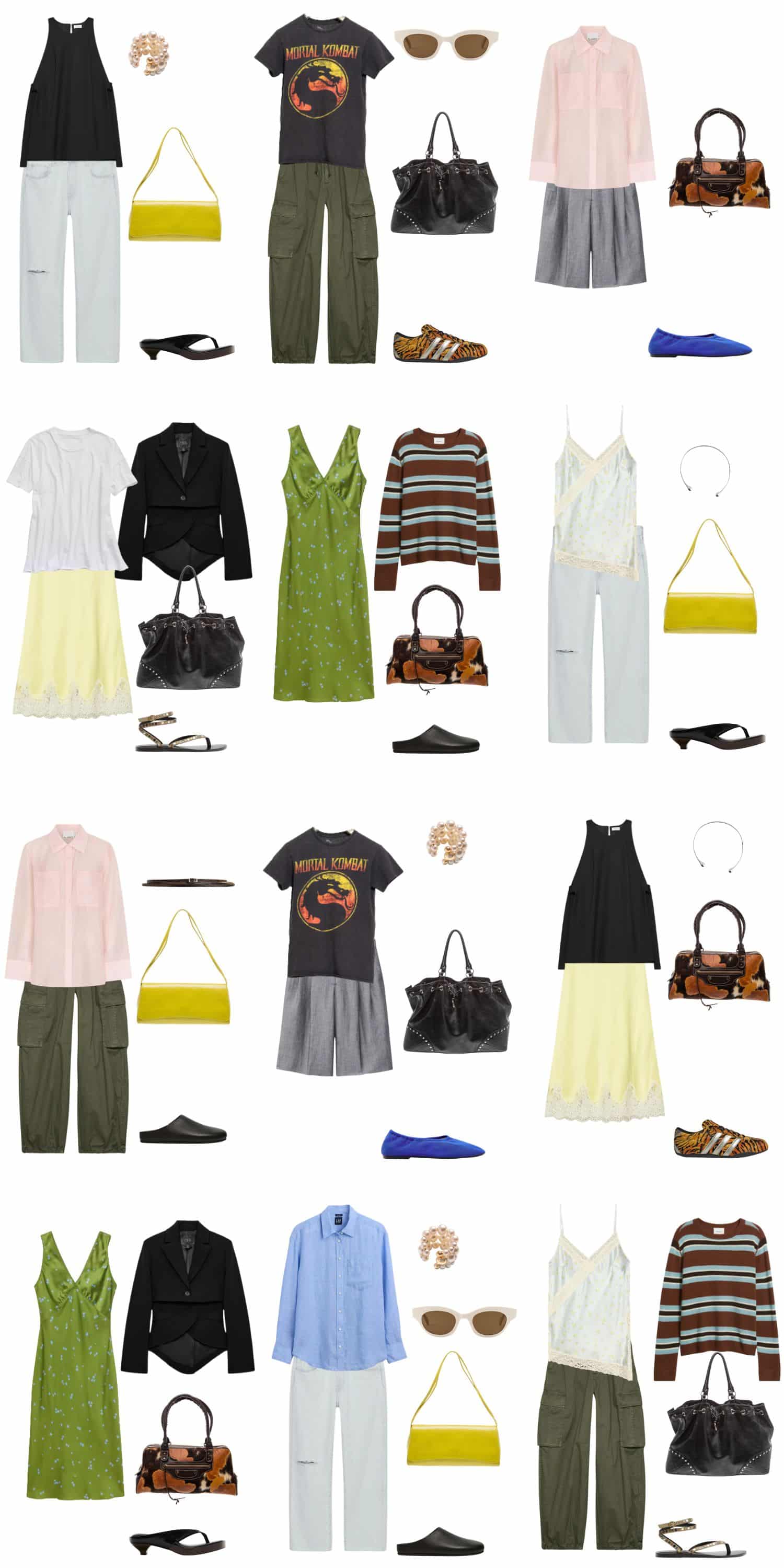A white background with 12 outfits for An Eclectic Summer Capsule Wardrobe.