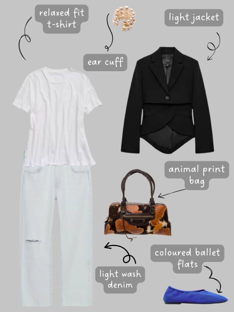 A photo of an outfit of a relaxed white tee with an asymmetric black blazer, light wash jeans, and animal print bag, and blue ballet flats.