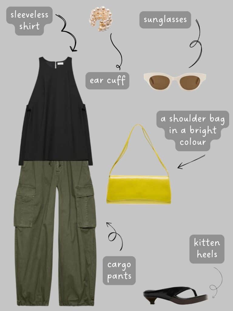 A photo of an outfit of a black sleeveless shirt with cargo pants, a pearl ear cuff, cream sunglasses, a greenish yellow bag, and thong kitten heels.