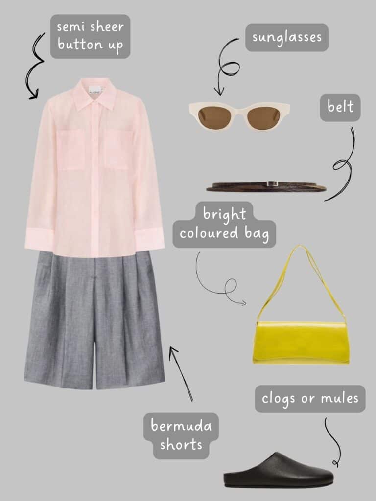 A photo of an outfit of a semi sheer light pink button up, grey Bermuda shorts, a multi strand belt, cream sunglasses, a greenish-yellow handbag, and black leather mules.