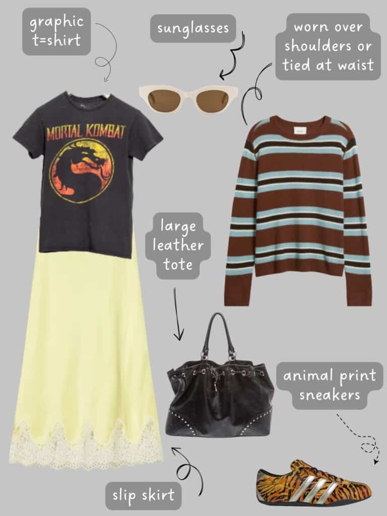 A photo of an outfit of a Mortal Combat t-shirt with a yellow satin midi skirt, a brown and blue striped sweater, tiger print Adidas, and a large black leather tote.