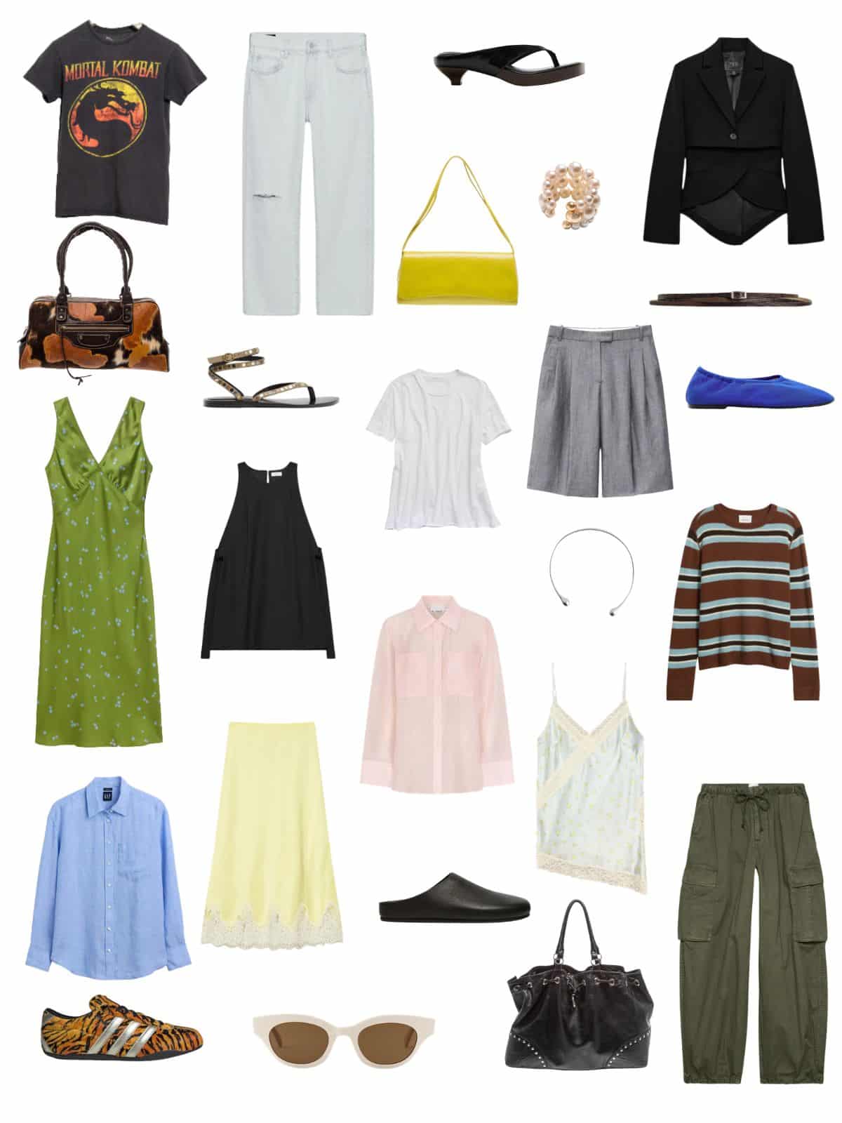 A white background with 12 pieces plus shoes and accessories for An Eclectic Summer Capsule Wardrobe.