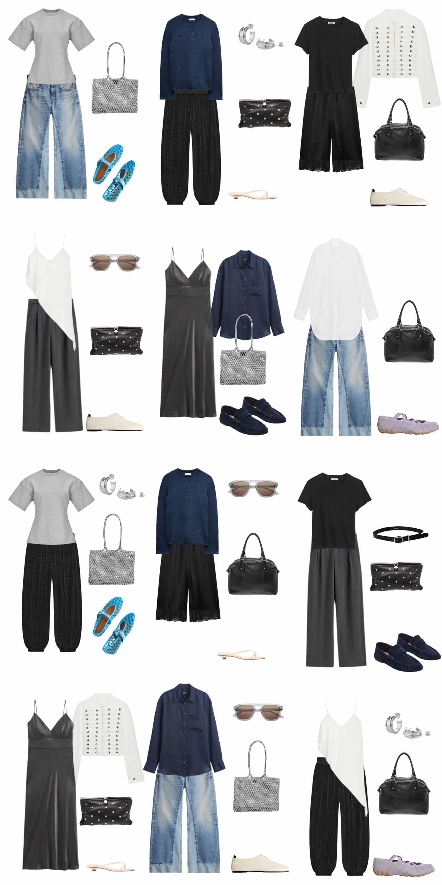 A white background with 12 outfits for The Minimalist Summer Capsule (As Written By Someone Who is Anything But).