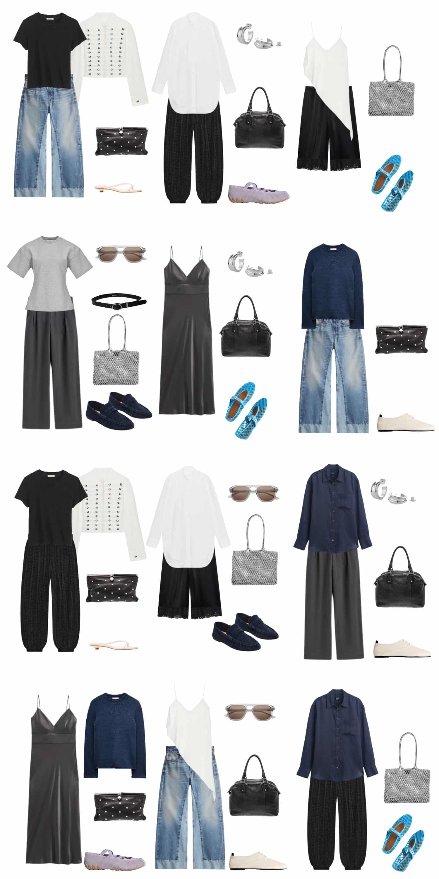 A white background with 12 outfits for The Minimalist Summer Capsule (As Written By Someone Who is Anything But).