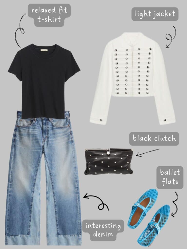 A photo of an outfit of a black t-shirt with blue jeans, a white napoleon jacket, black studded clutch, and blue mesh flats.